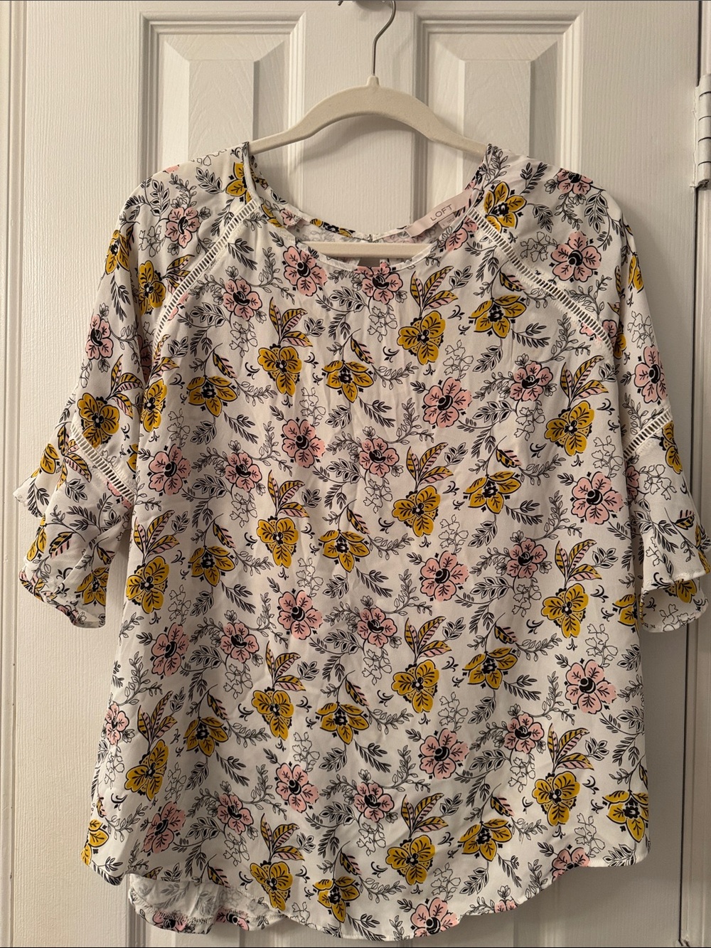 LOFT White Floral blouse with Pink & Yellow Blooms